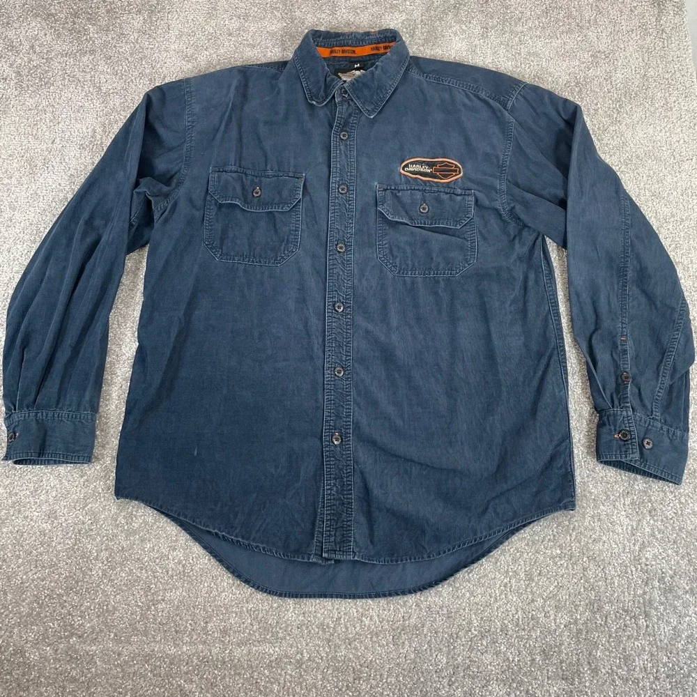 Harley Davidson Corduroy Shirt Mens Medium Work Shirt Patch Garage Button Down